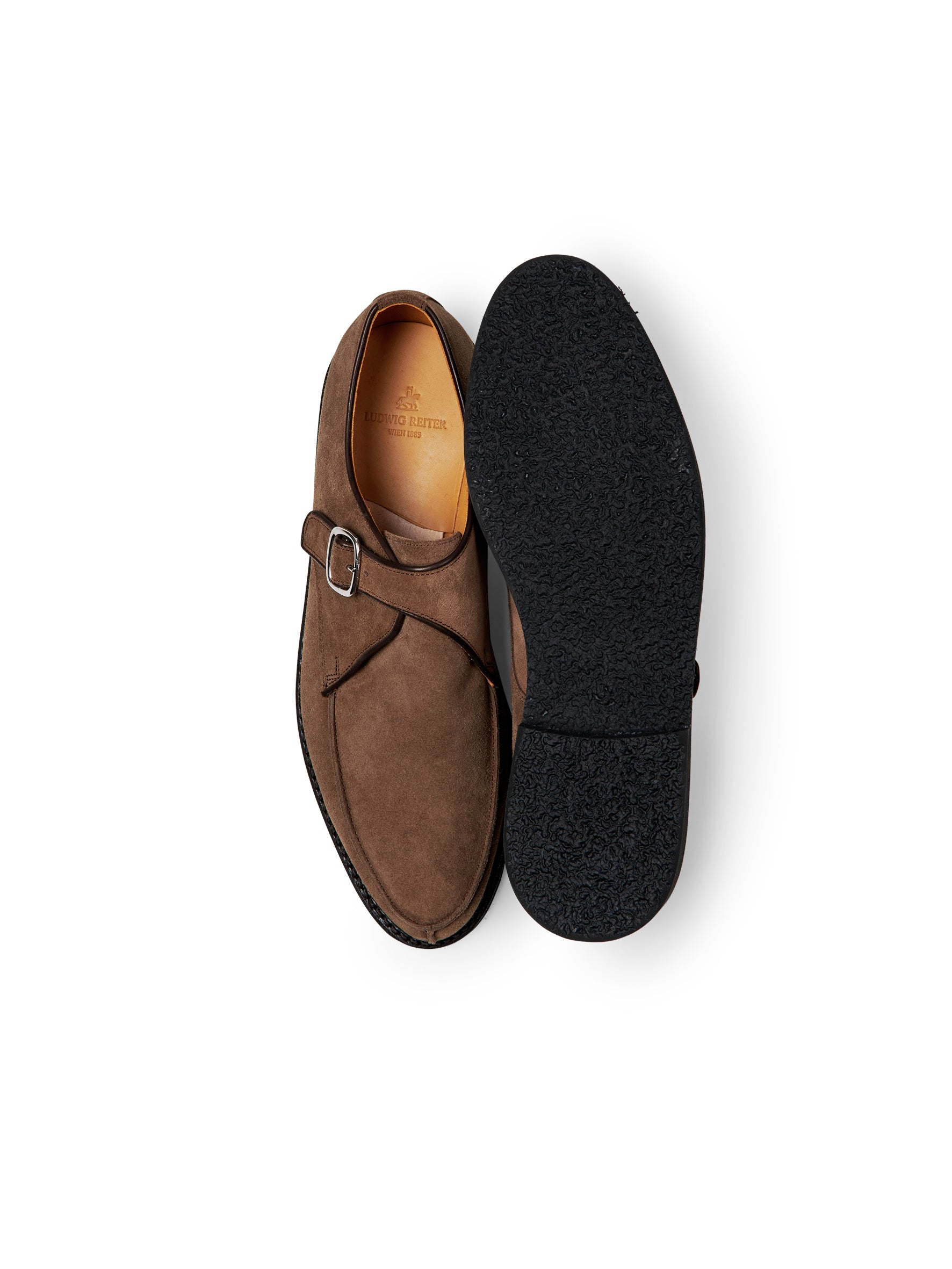 Taupe-colored suede monk with Norwegian seam and all-weather sole